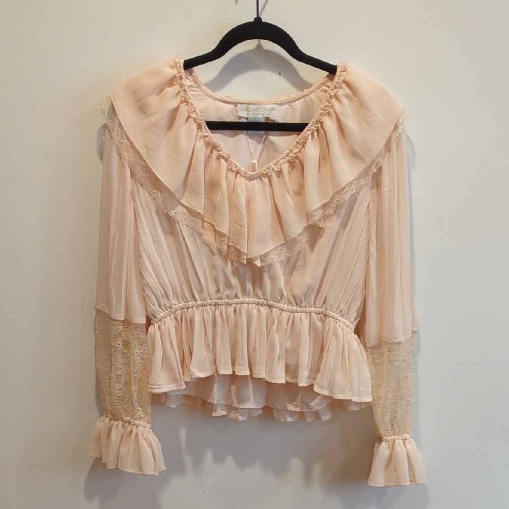 NWT Caroline Constas Peach Cream Ruffle Peplum Lace Blouse Medium Romantic Boho